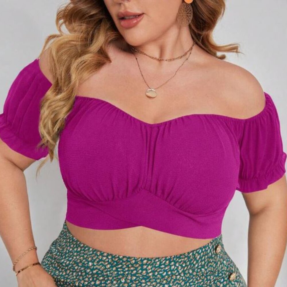 SHEIN Privé Plus Solid Tie Back Off Shoulder Blouse 2XL 2X FUCHSIA HOT PINK EUC